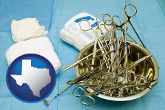 texas map icon and surgical instruments and bandages