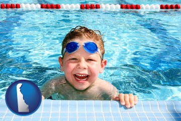 a boy in a swimming pool - with Delaware icon