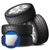 ar map icon and four tires with alloy wheels