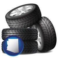 az map icon and four tires with alloy wheels