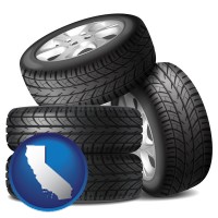 ca map icon and four tires with alloy wheels