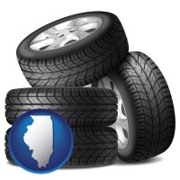 il map icon and four tires with alloy wheels