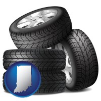 indiana map icon and four tires with alloy wheels
