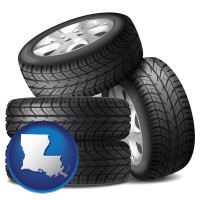 louisiana map icon and four tires with alloy wheels