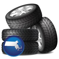 massachusetts map icon and four tires with alloy wheels