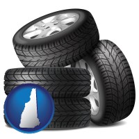 new-hampshire map icon and four tires with alloy wheels