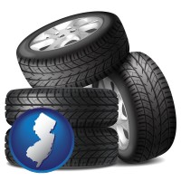 nj map icon and four tires with alloy wheels