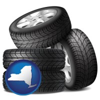 ny map icon and four tires with alloy wheels