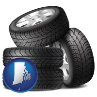 rhode-island map icon and four tires with alloy wheels