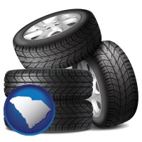 south-carolina map icon and four tires with alloy wheels