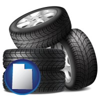 utah map icon and four tires with alloy wheels