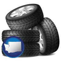 wa map icon and four tires with alloy wheels