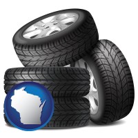 wi map icon and four tires with alloy wheels