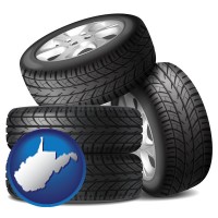 wv map icon and four tires with alloy wheels