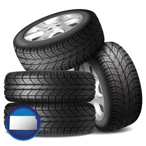 four tires with alloy wheels - with Kansas icon