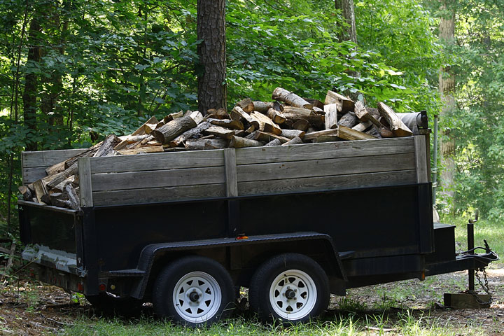 a utility trailer filled with firewood logs (large image)