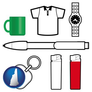 typical advertising promotional items - with New Hampshire icon