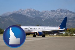 idaho map icon and commercial aircraft at an airport, with mountainous background