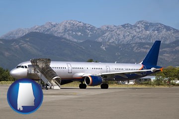 commercial aircraft at an airport, with mountainous background - with Alabama icon