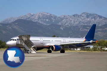 commercial aircraft at an airport, with mountainous background - with Louisiana icon