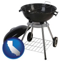 california map icon and a kettle-style charcoal grill