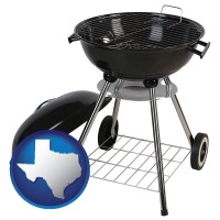 texas map icon and a kettle-style charcoal grill