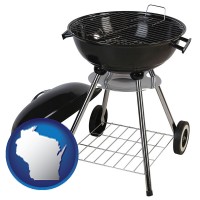 wisconsin map icon and a kettle-style charcoal grill