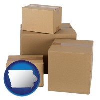 iowa map icon and a stack of cardboard boxes