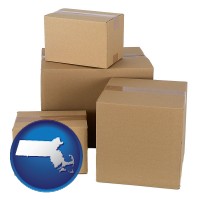 massachusetts map icon and a stack of cardboard boxes