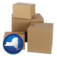 new-york map icon and a stack of cardboard boxes