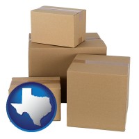texas map icon and a stack of cardboard boxes