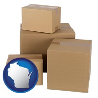 wisconsin map icon and a stack of cardboard boxes