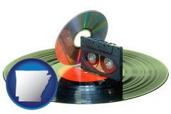 arkansas map icon and an audio compact disc, a compact cassette, and a vinyl record