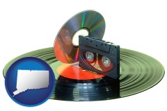 connecticut map icon and an audio compact disc, a compact cassette, and a vinyl record
