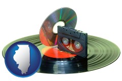 illinois map icon and an audio compact disc, a compact cassette, and a vinyl record