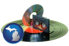michigan map icon and an audio compact disc, a compact cassette, and a vinyl record