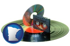 minnesota map icon and an audio compact disc, a compact cassette, and a vinyl record