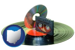 ohio map icon and an audio compact disc, a compact cassette, and a vinyl record