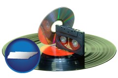 tennessee map icon and an audio compact disc, a compact cassette, and a vinyl record