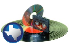 texas map icon and an audio compact disc, a compact cassette, and a vinyl record