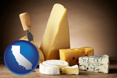 california map icon and assorted cheeses
