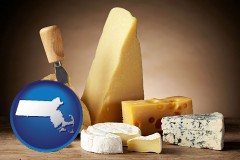 massachusetts map icon and assorted cheeses