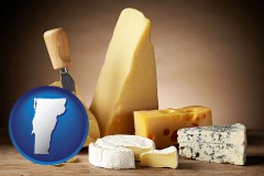 vermont map icon and assorted cheeses