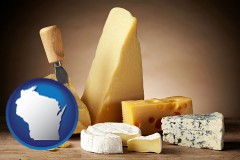 wisconsin map icon and assorted cheeses