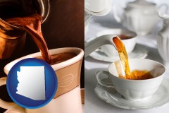 arizona map icon and pouring coffee and pouring tea