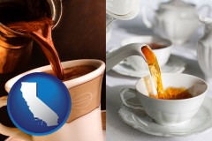 california map icon and pouring coffee and pouring tea