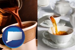 connecticut map icon and pouring coffee and pouring tea