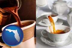 florida map icon and pouring coffee and pouring tea