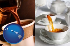 hawaii map icon and pouring coffee and pouring tea