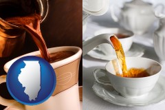 illinois map icon and pouring coffee and pouring tea